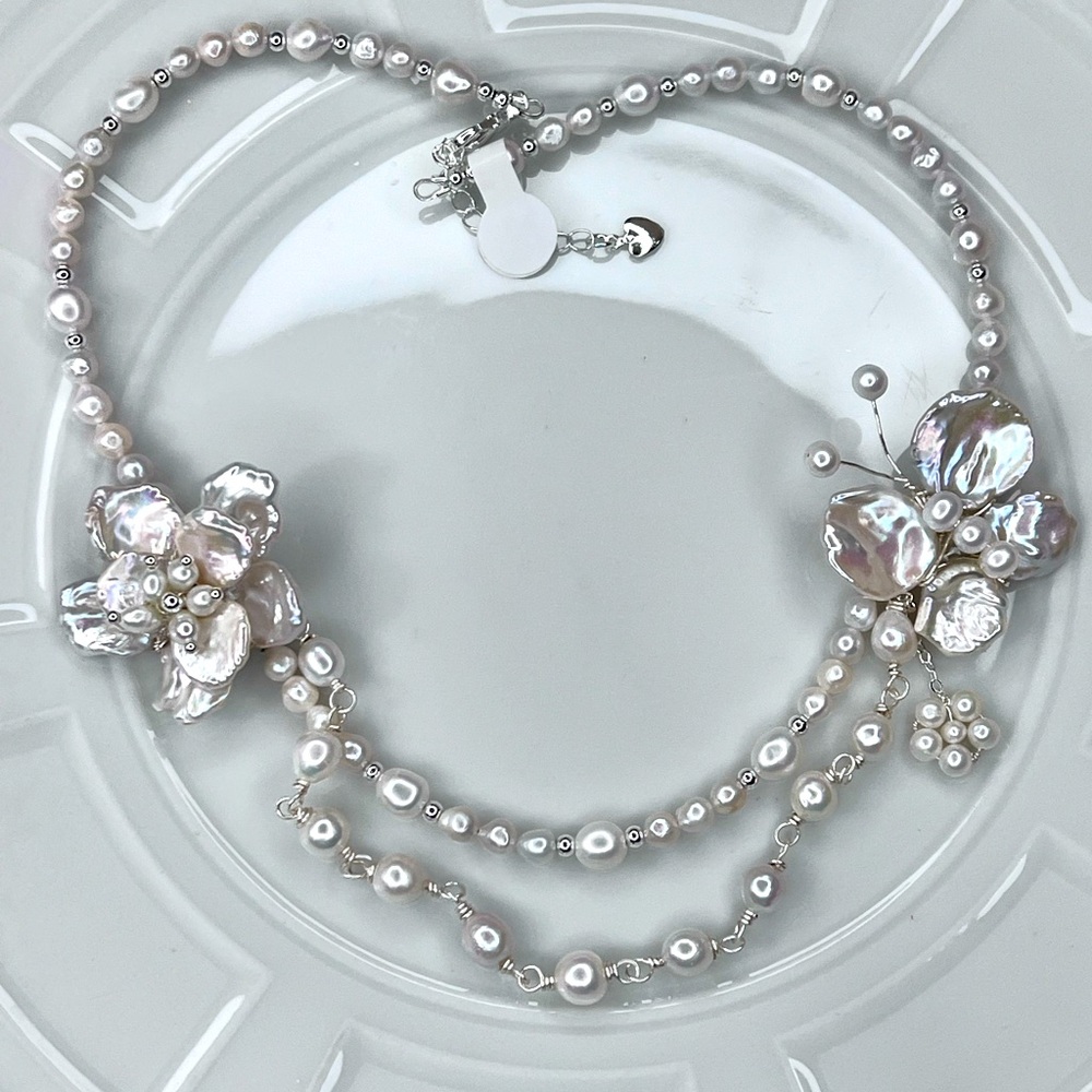 😍 Amazing Handmade Freshwater Keshi Pearl Butterfly 🦋 Flower 🌺 Necklace